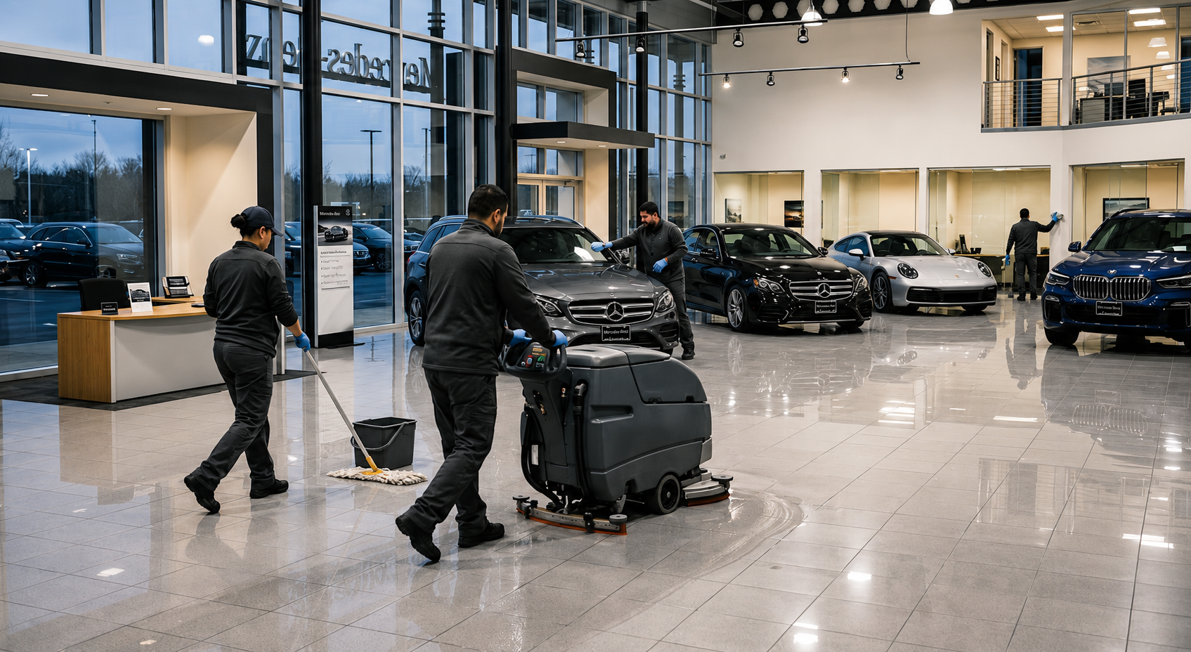 Trained car dealership cleaning cleaning crew on site