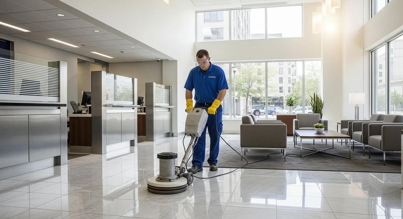 Commercial cleaner polishing the floor of a modern bank branch lobby