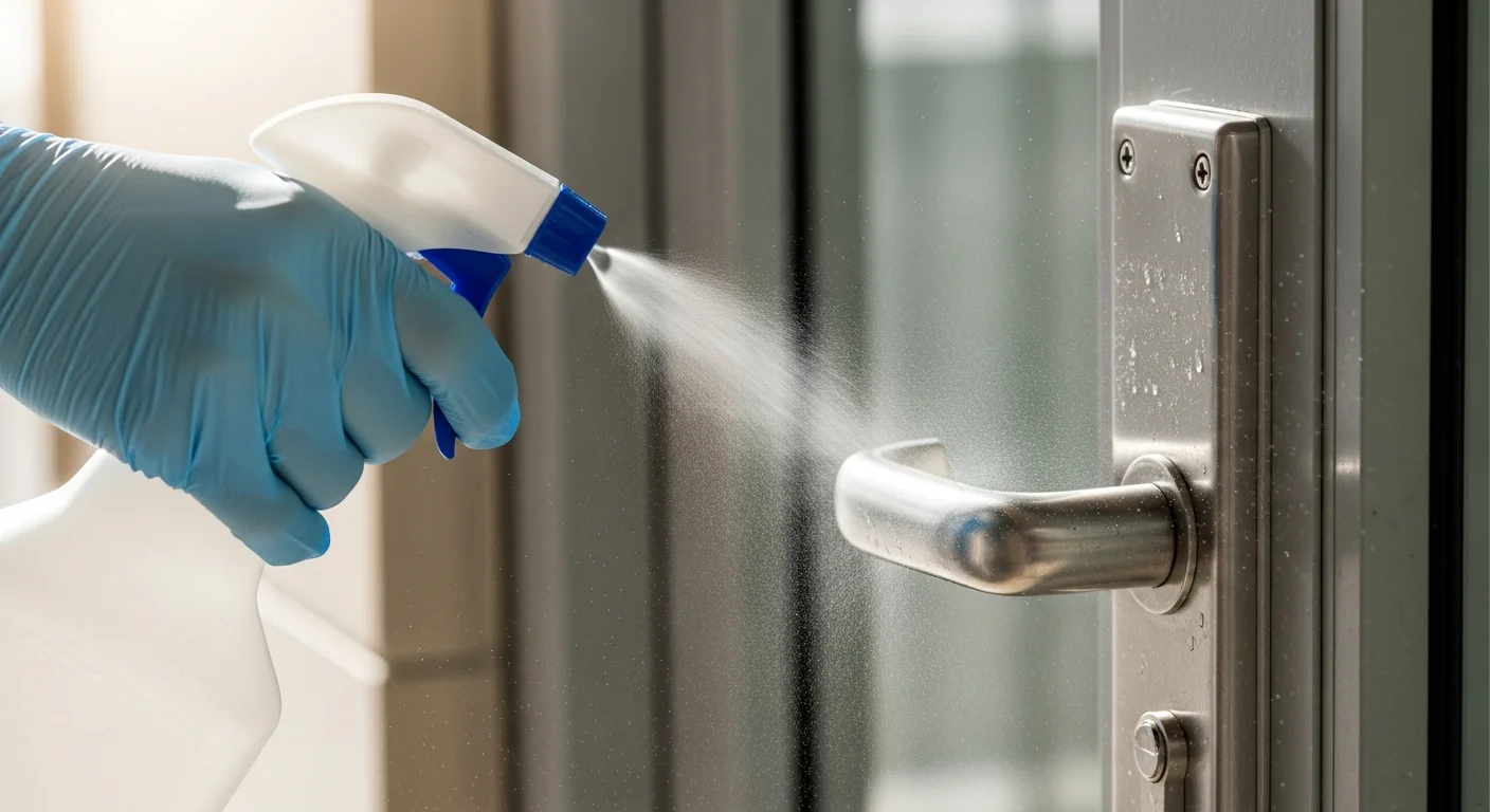 Close-up of disinfectant being applied to a high-touch door handle