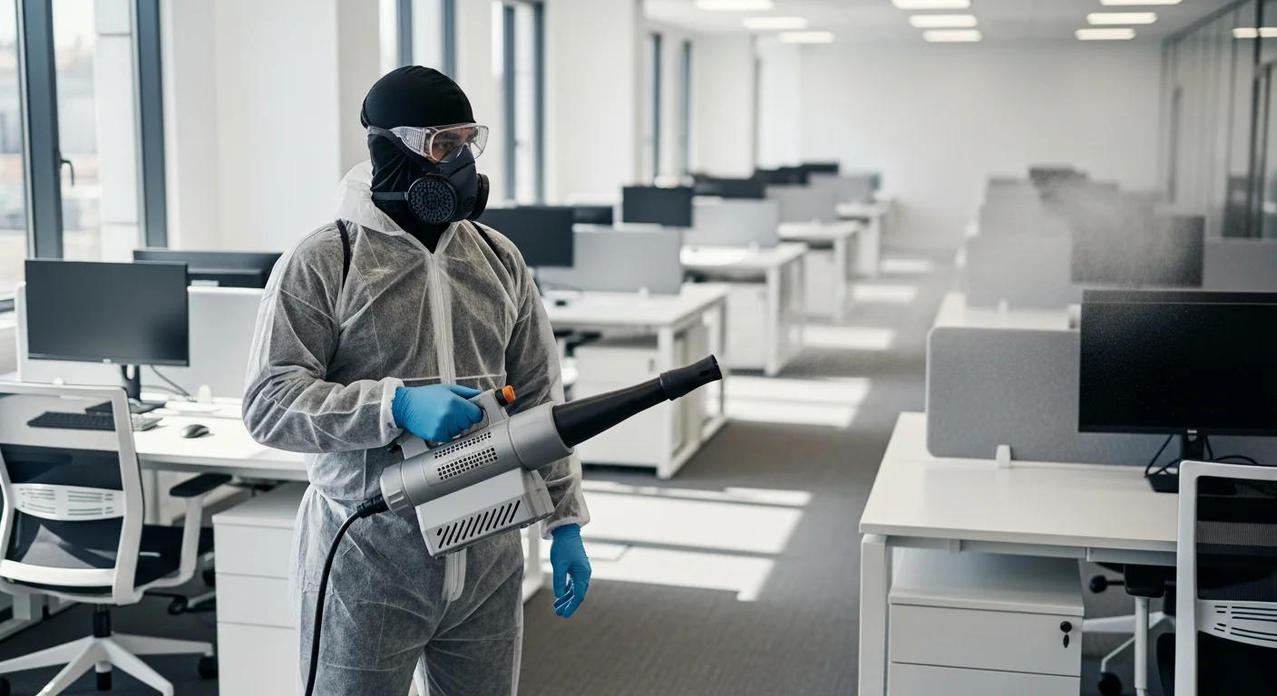 Worker fogging an open-plan office with disinfectant from a handheld sprayer