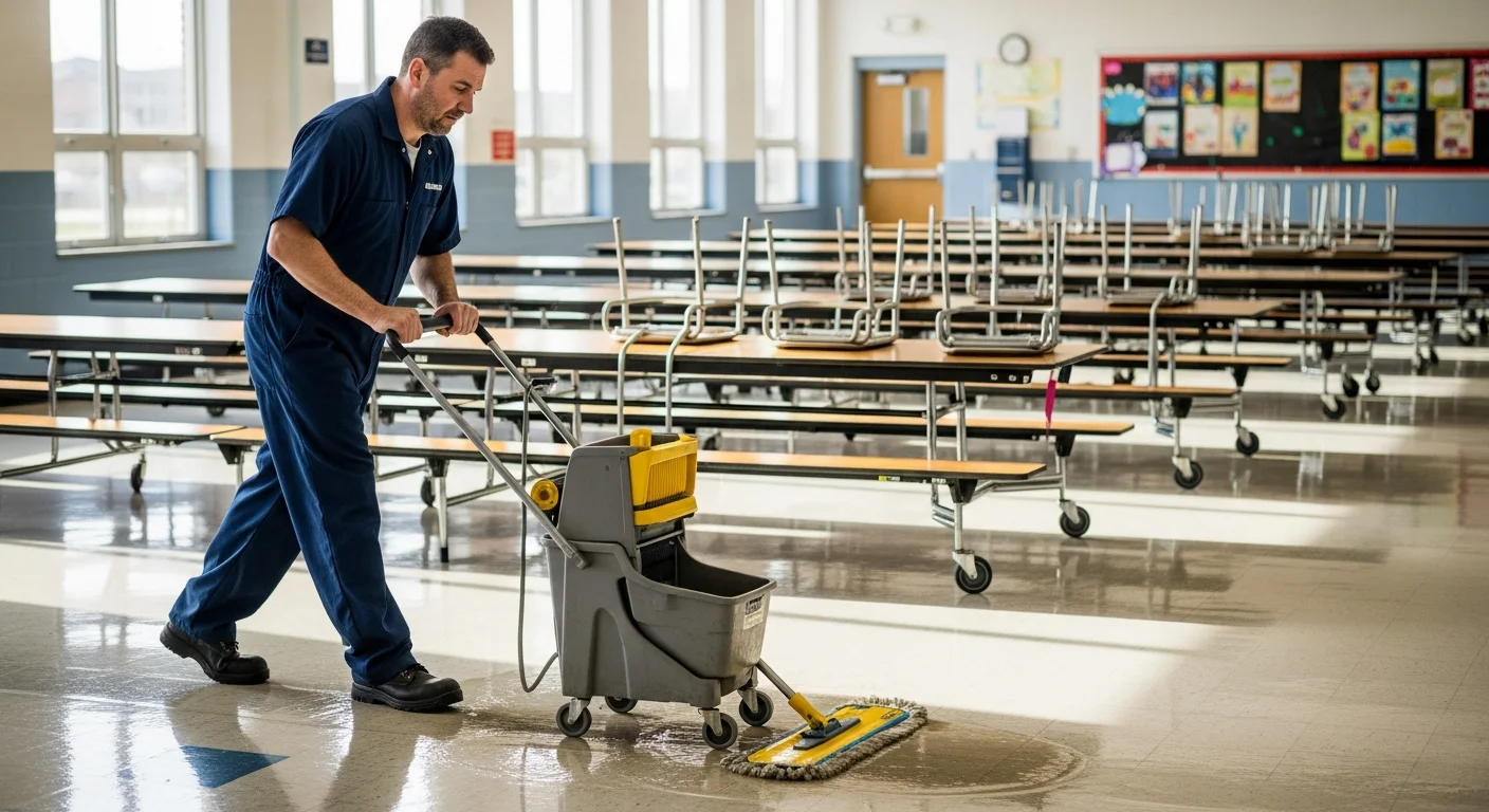 Janitor mopping the floor of a school cafeteria