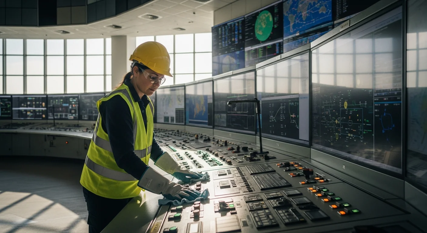 Cleaner in safety gear wiping down equipment in a power plant control room