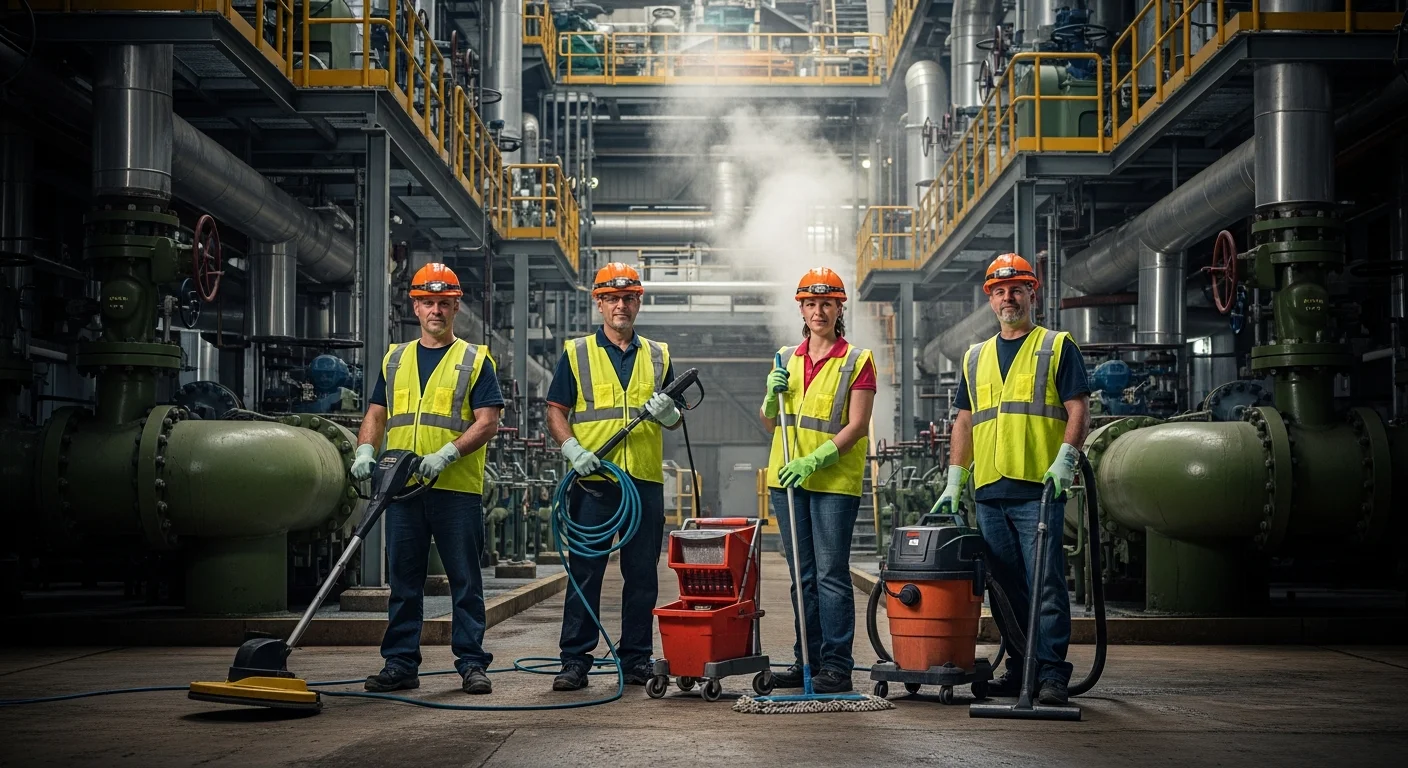Janitorial team in hard hats and safety vests at an energy facility