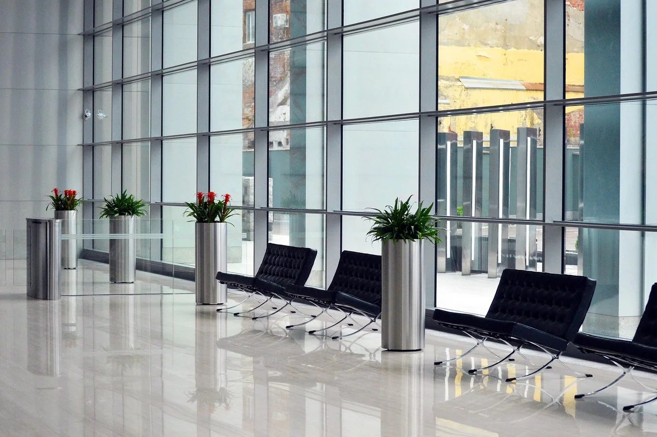 Polished modern bank branch interior cleaned to financial-industry standards