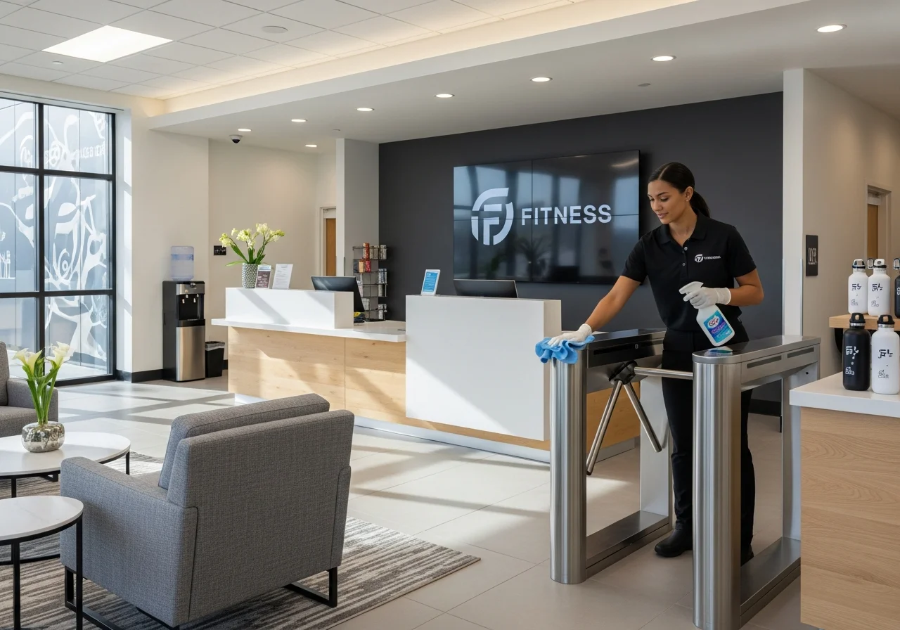 Front desk attendant wiping down the check-in counter at a health club reception area