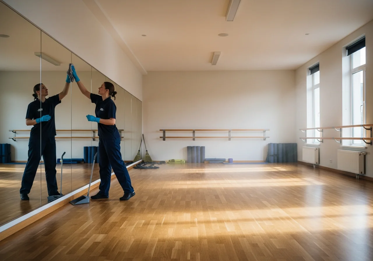 Cleaner polishing the mirrors and sweeping the floor of an empty group fitness studio