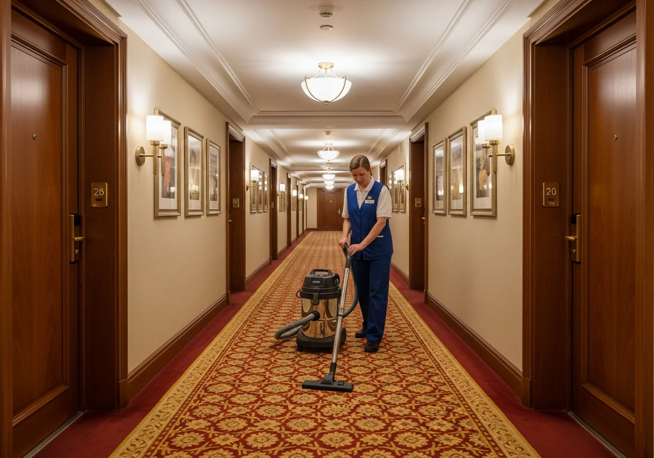 Cleaner vacuuming the patterned carpet of a long well-lit hotel corridor