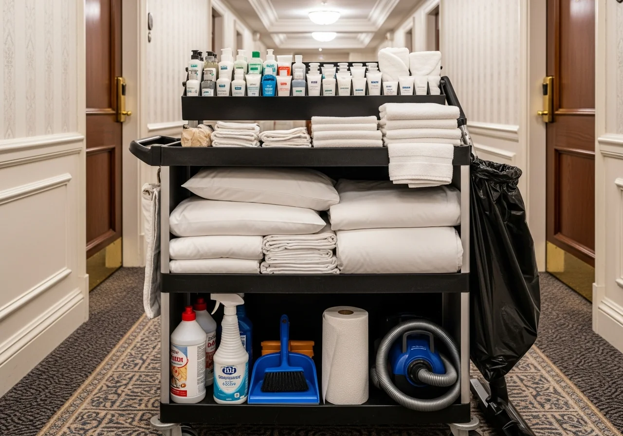 Fully stocked hotel housekeeping cart with linens and amenities in a hallway