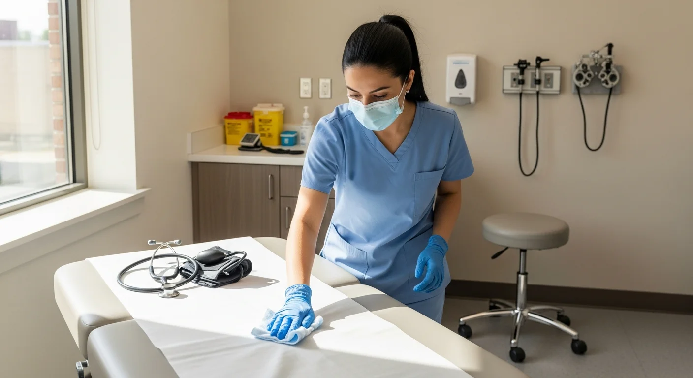 Sanitized clinical treatment room ready for the next patient