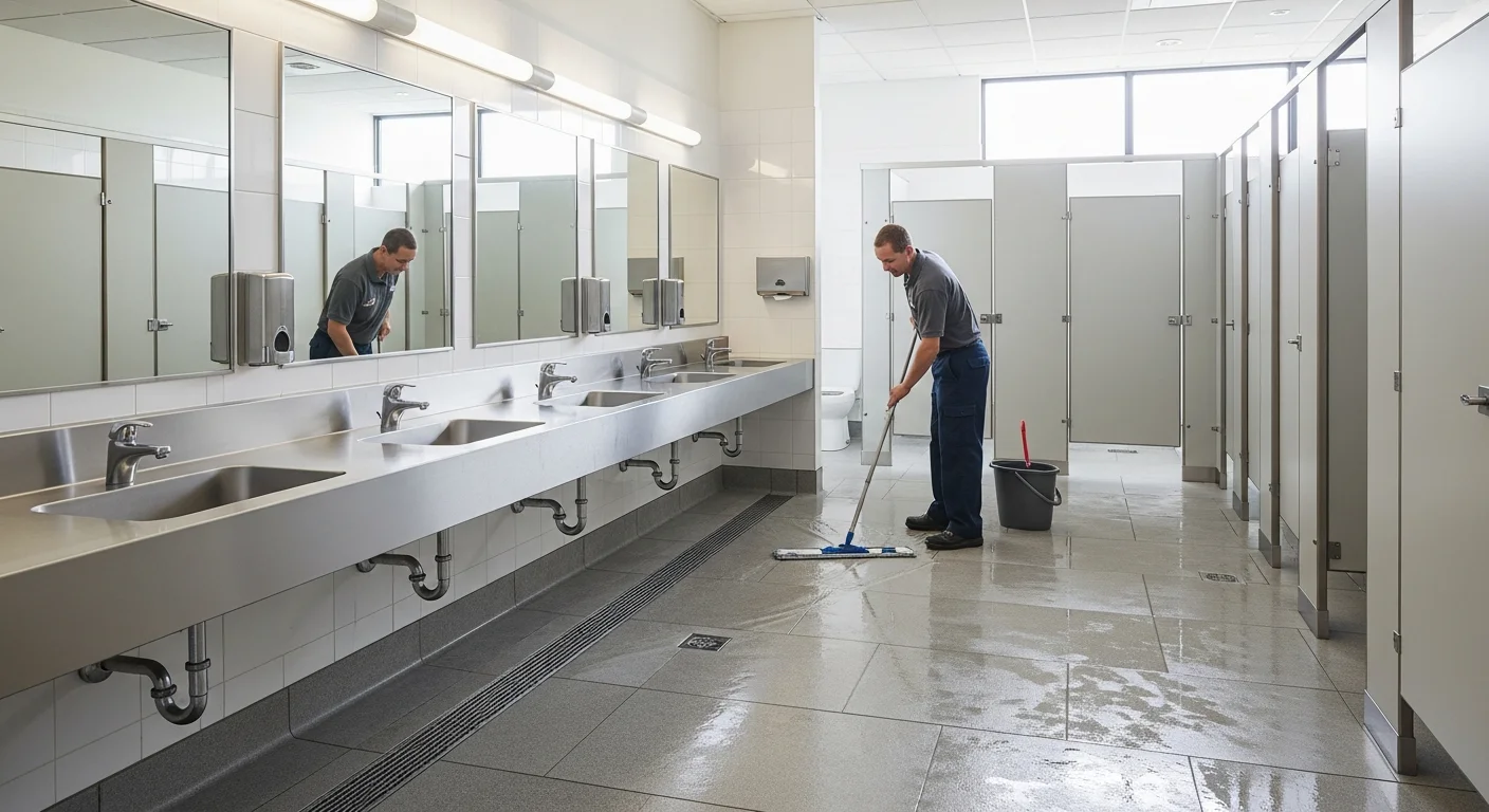 Porter mopping the floor of a community center public restroom