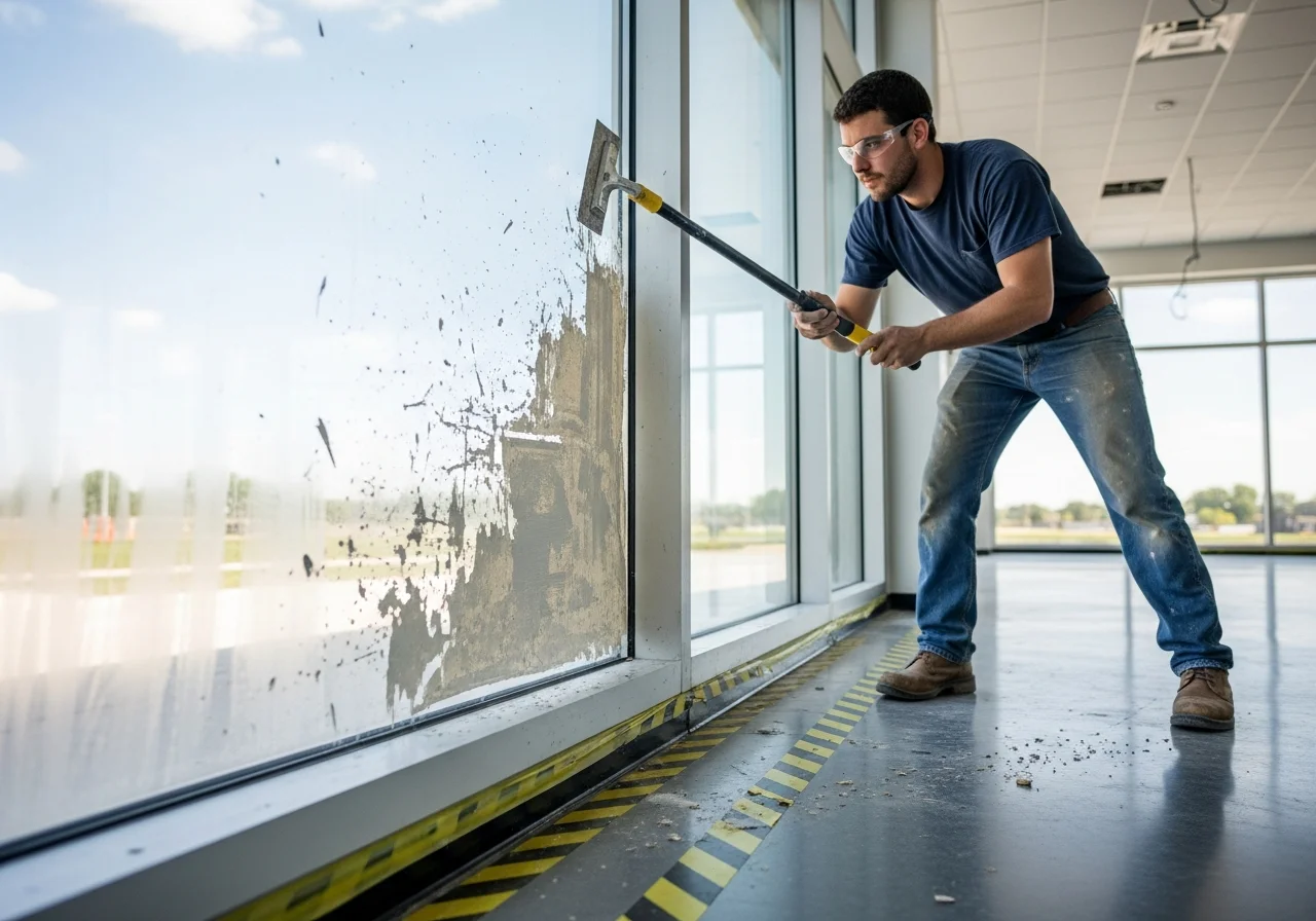 Cleaner scraping dried paint and adhesive residue off a large commercial window