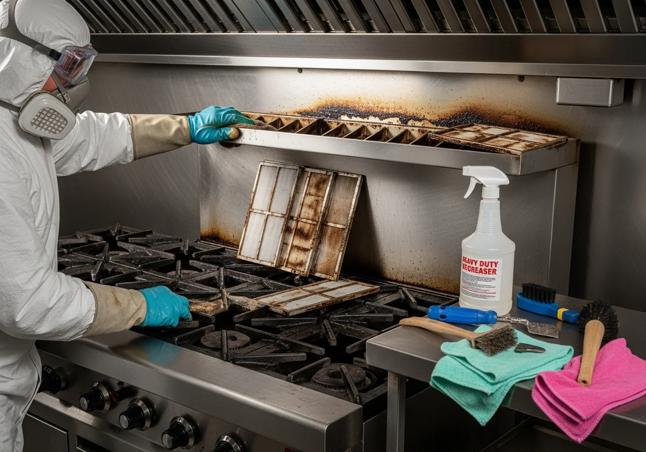 Worker degreasing a stainless steel commercial kitchen exhaust hood and filters