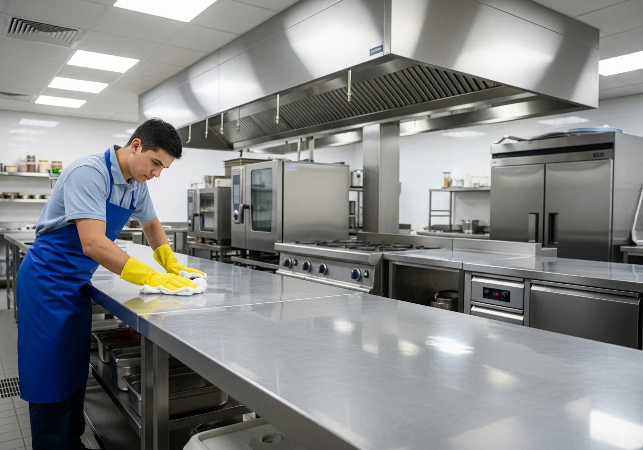 Cleaning technician deep cleaning a stainless steel commercial kitchen prep counter