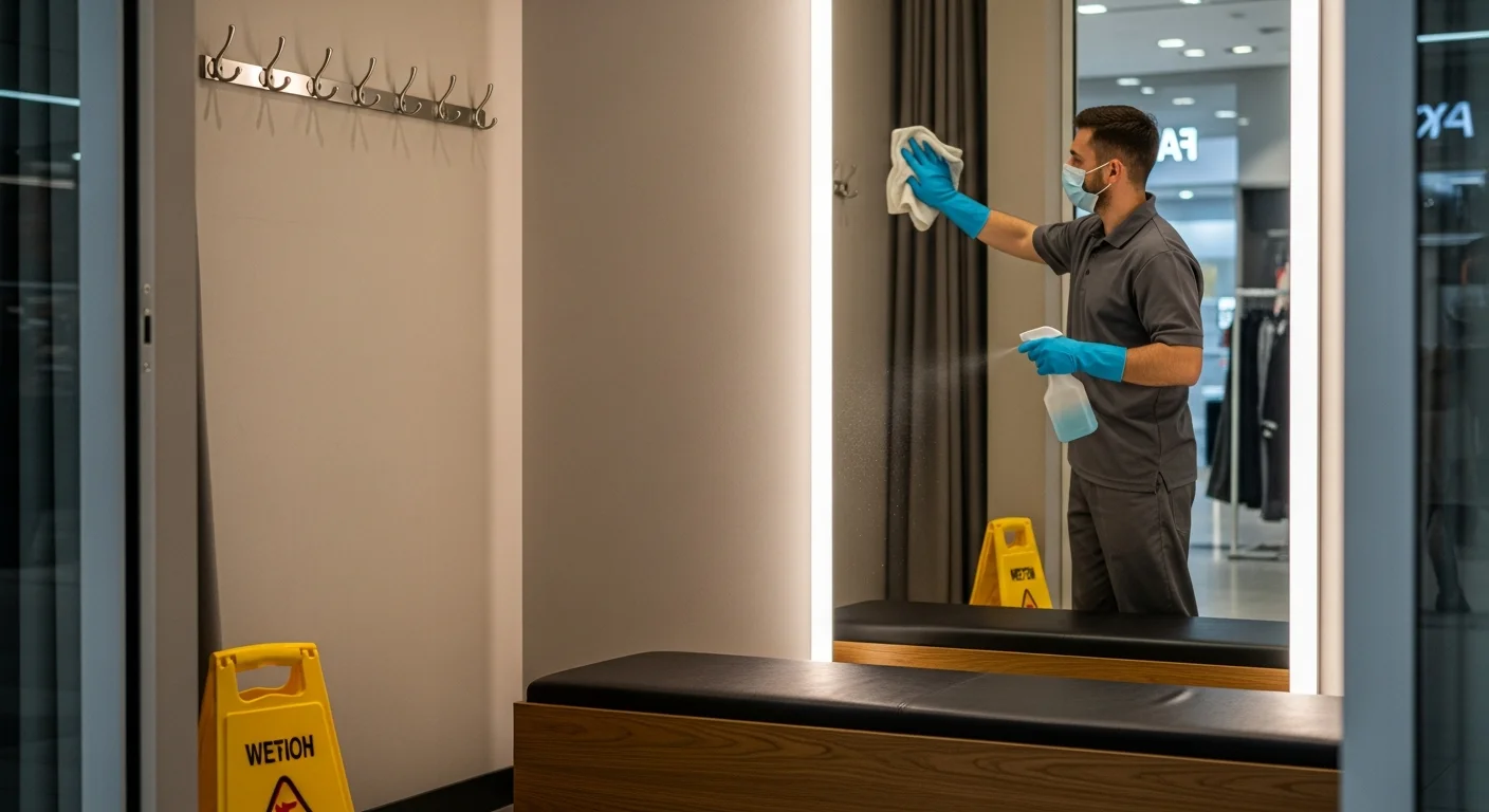 Cleaner sanitizing a retail clothing store fitting room