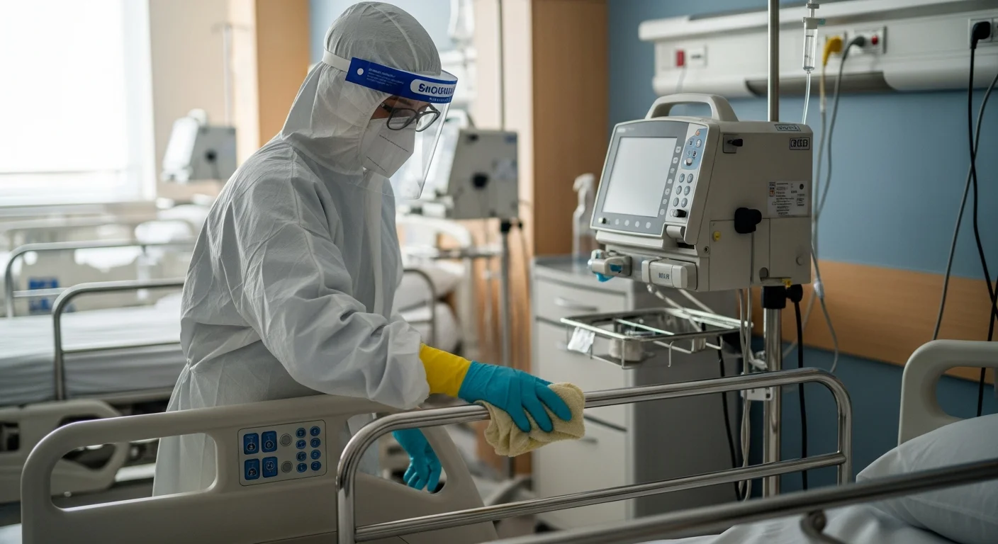 Cleaner in PPE meticulously wiping down medical equipment and bed rails