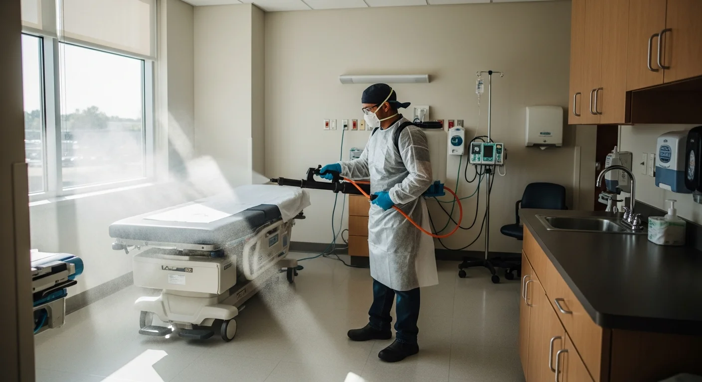 Electrostatic disinfectant sprayer in action against pathogens