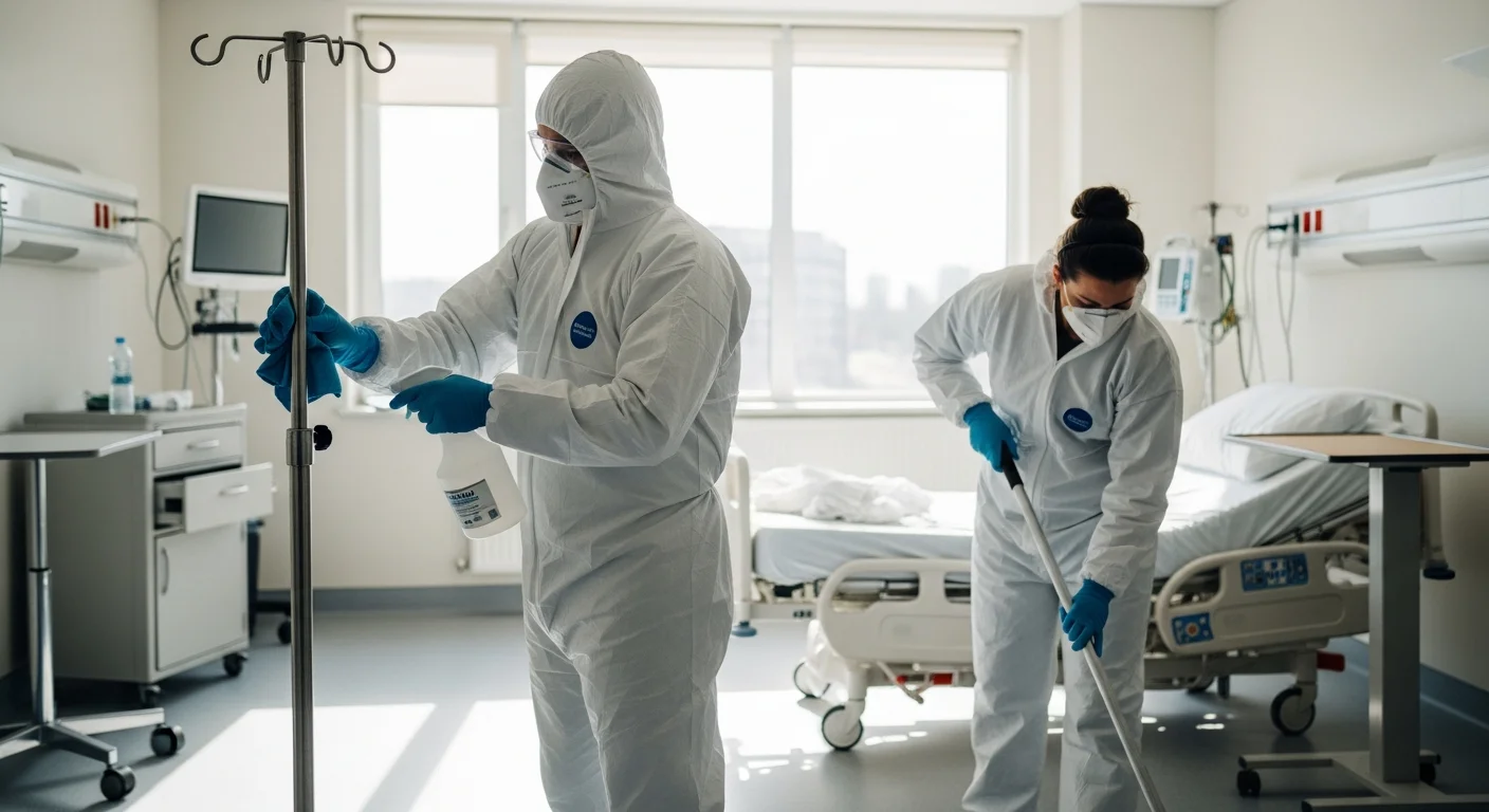 Two cleaners in full PPE performing terminal cleaning of a hospital patient room