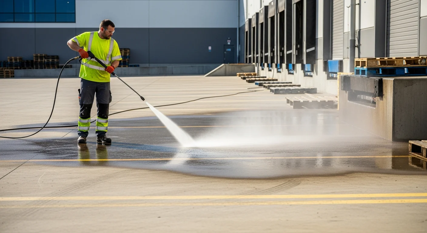 Worker pressure-washing a concrete loading dock at a warehouse