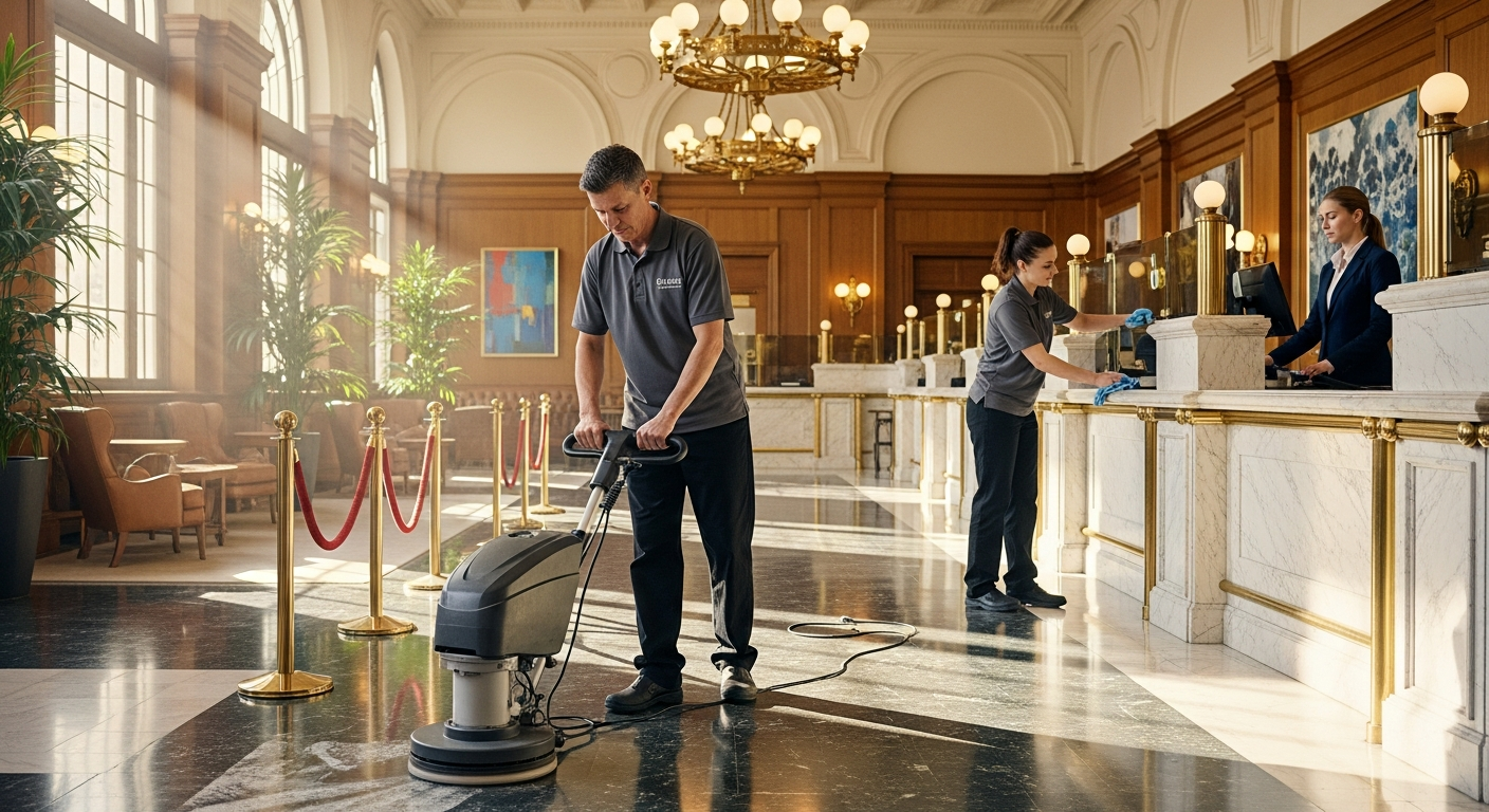 Cleaner polishing the marble floor of a bank branch lobby near the teller line