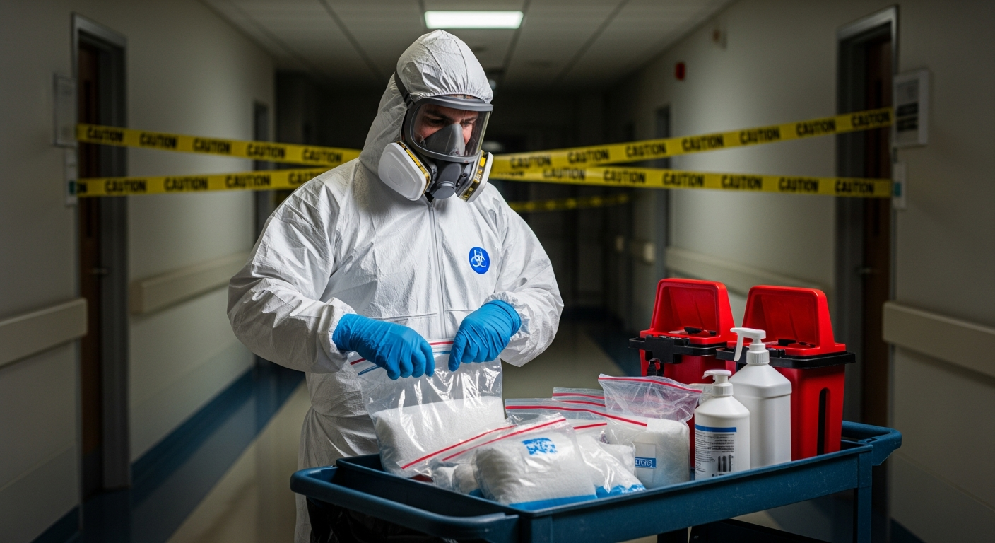 Cleaning technician in full biohazard PPE preparing a biohazard cleanup kit near caution tape