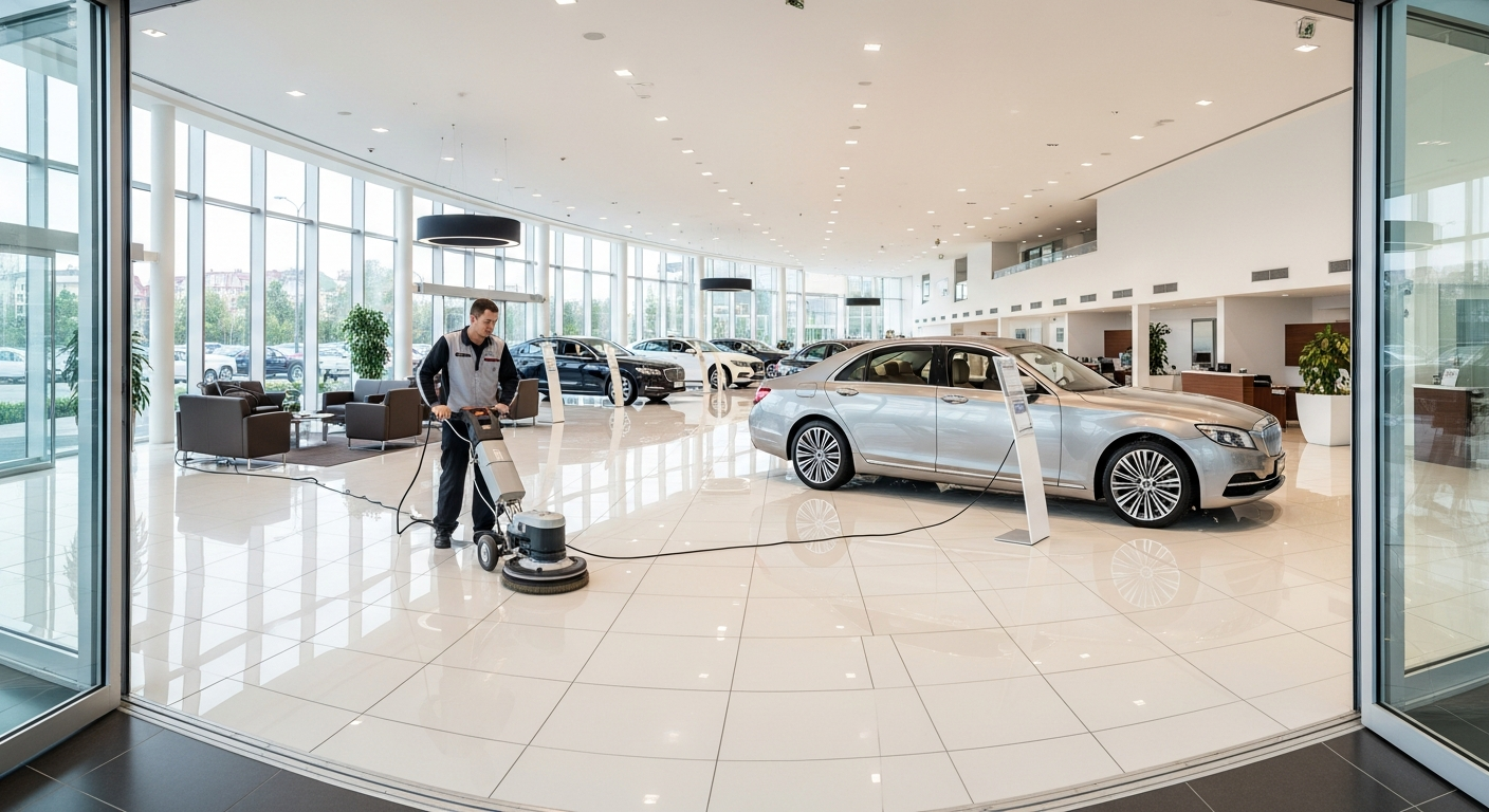 Polished car dealership showroom floor with glass windows and vehicle display