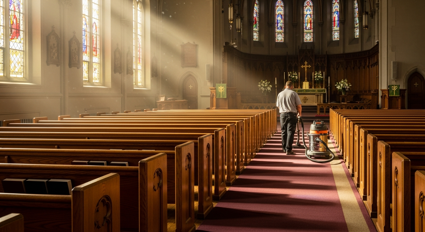 Empty church sanctuary with a cleaner vacuuming the center aisle in soft light