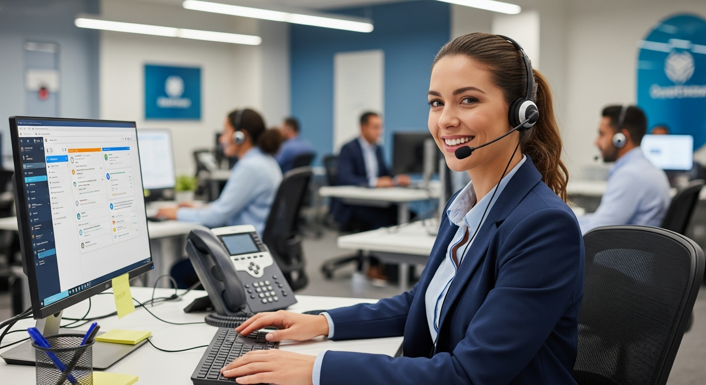 Cleaning company account manager wearing a headset at a dispatch desk