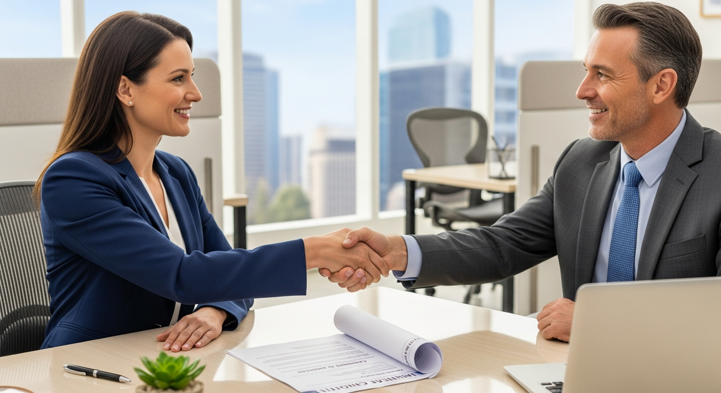 Cleaning company owner and facility manager reviewing an insurance certificate