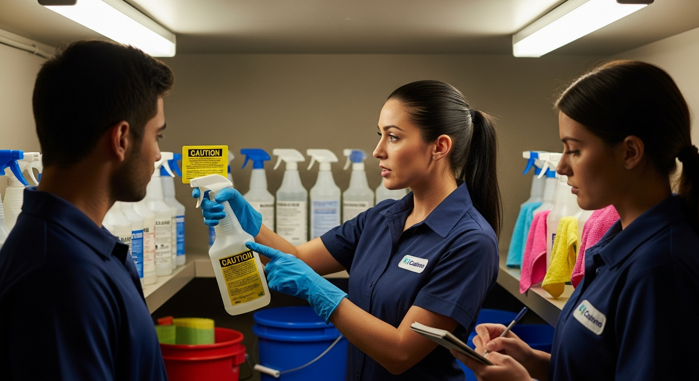 Cleaning company trainer demonstrating proper chemical safety to new employees