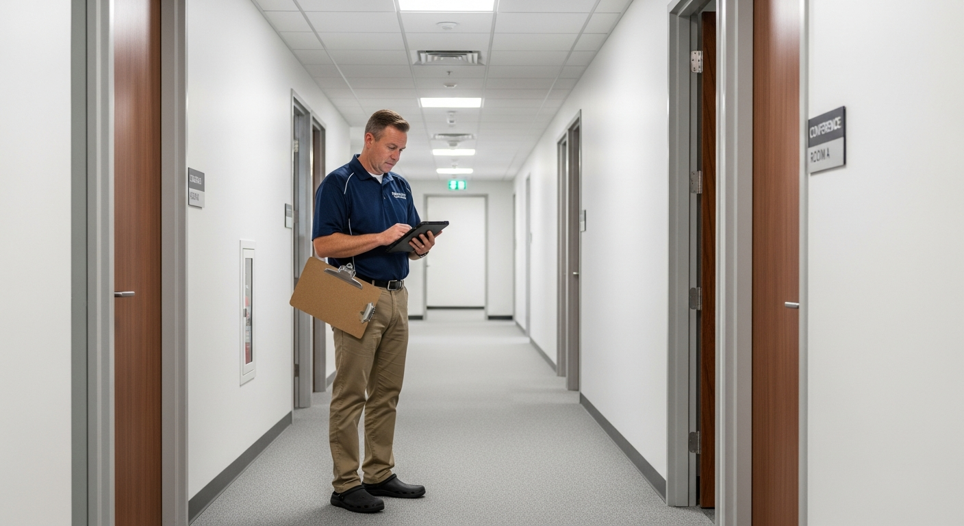 Facility inspector checking a clean commercial office hallway with a clipboard