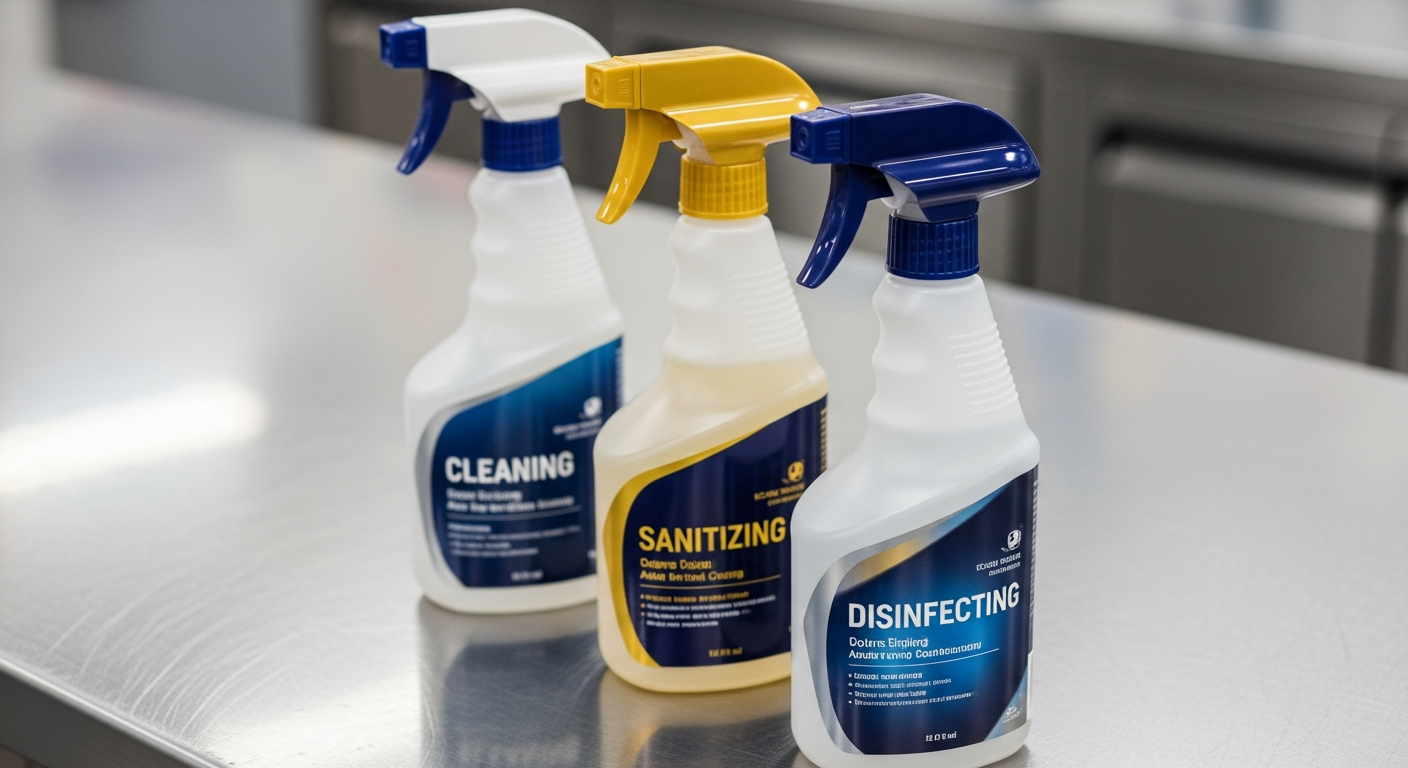 Three labeled spray bottles on a stainless counter representing cleaning, sanitizing, and disinfecting products