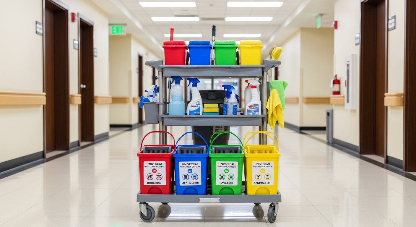 Color-coded microfiber cloths and cleaning buckets in red, blue, green, and yellow