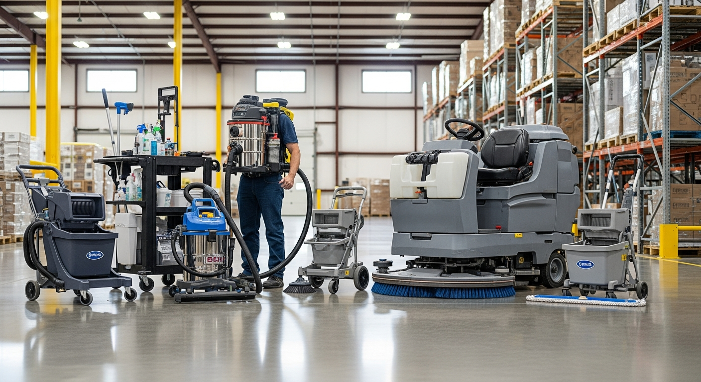 Commercial cleaning equipment including a HEPA vacuum and a ride-on floor auto-scrubber