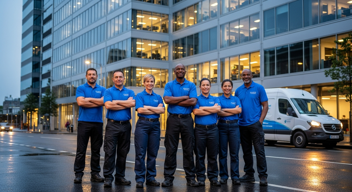 Experienced commercial cleaning crew standing in front of a modern office building