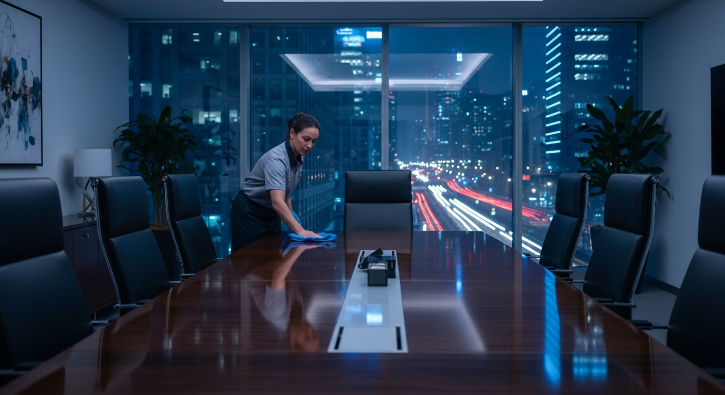 Cleaner dusting an executive conference room table in a corporate headquarters at night