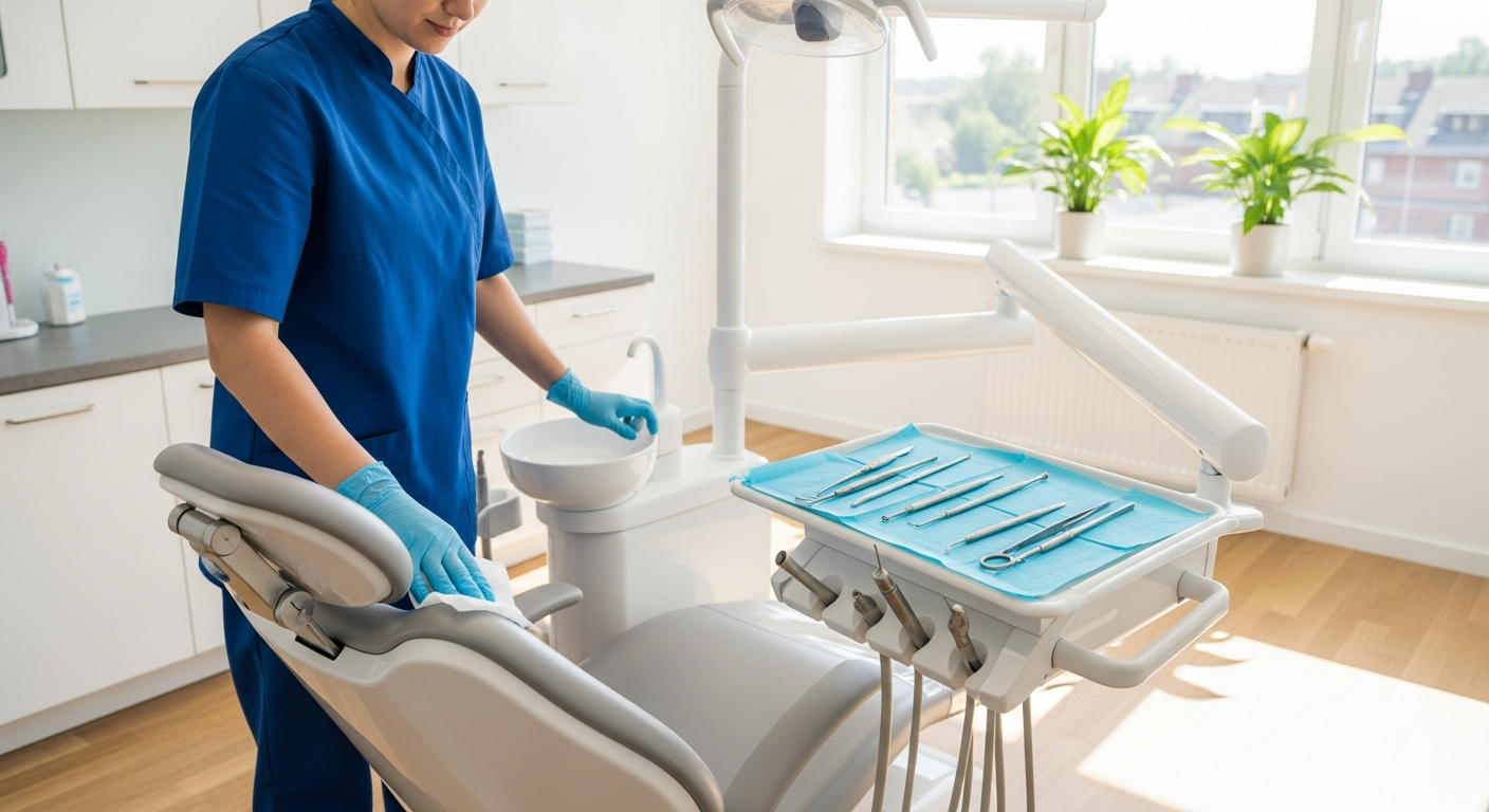 Dental operatory being sanitized between patients with a dental chair and tray being wiped down