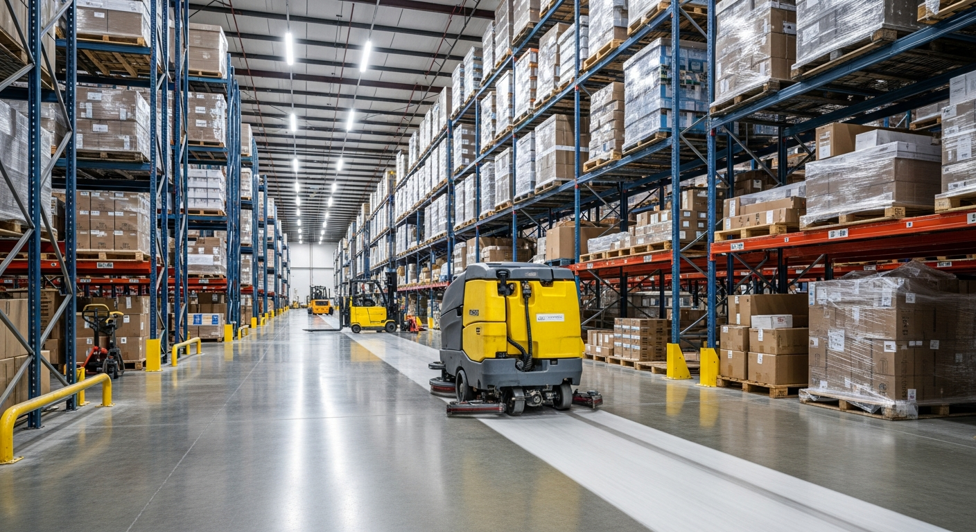 Ride-on floor scrubber cleaning a wide aisle in a large distribution center warehouse