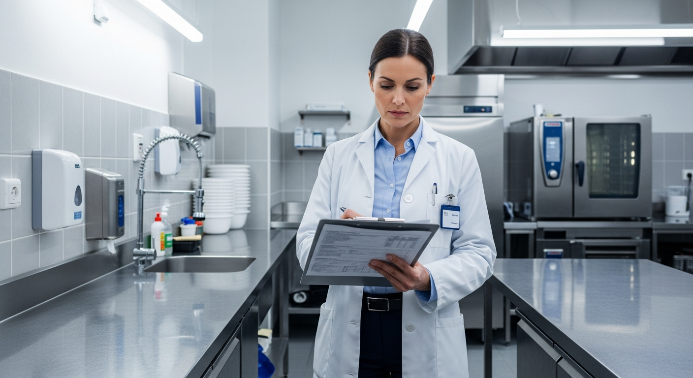 Health inspector with a clipboard reviewing a clean clinical facility surface