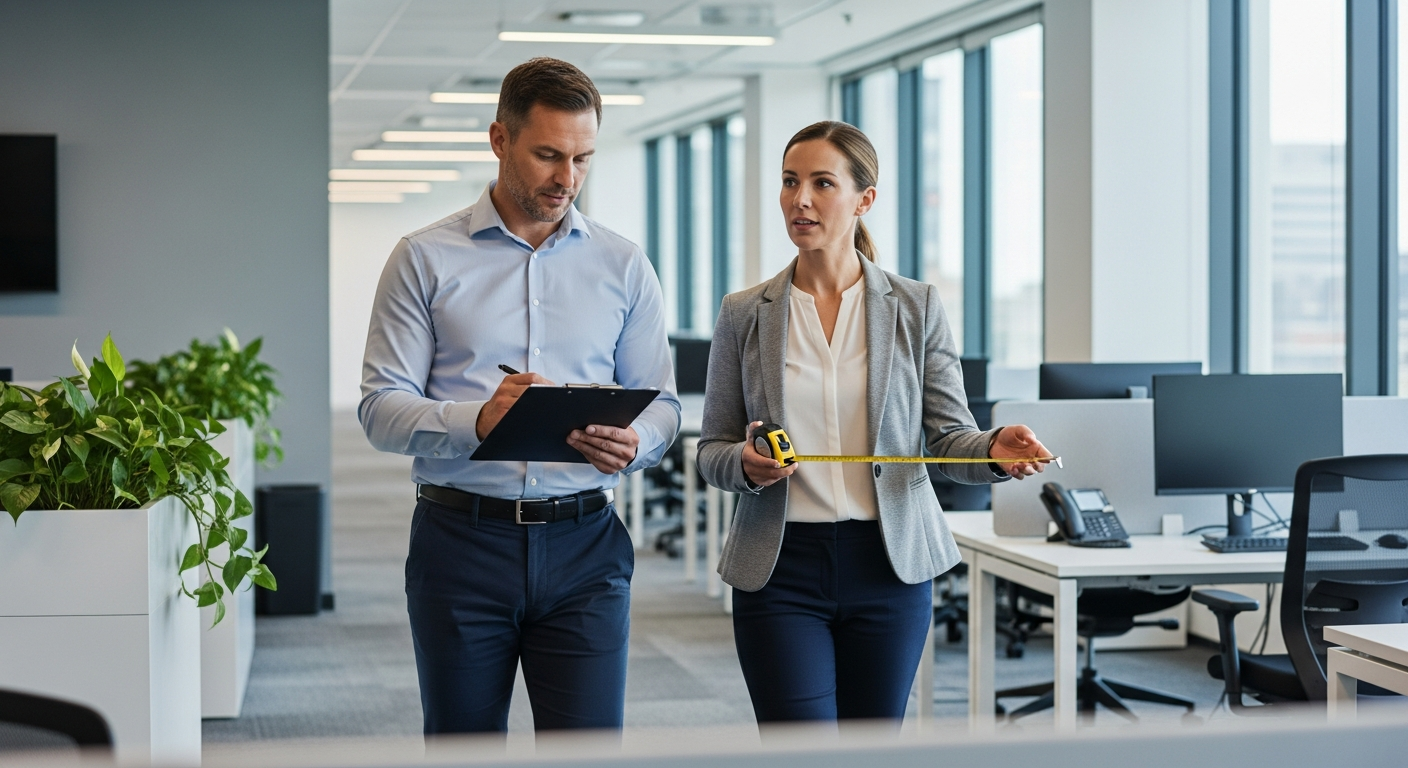Cleaning consultant and facility manager walking through a commercial office building