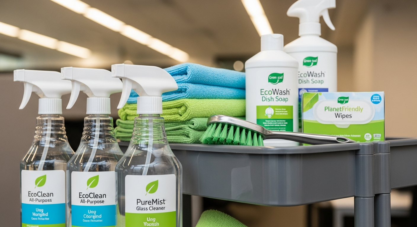Eco-friendly green cleaning supplies and certified products on a cleaning cart