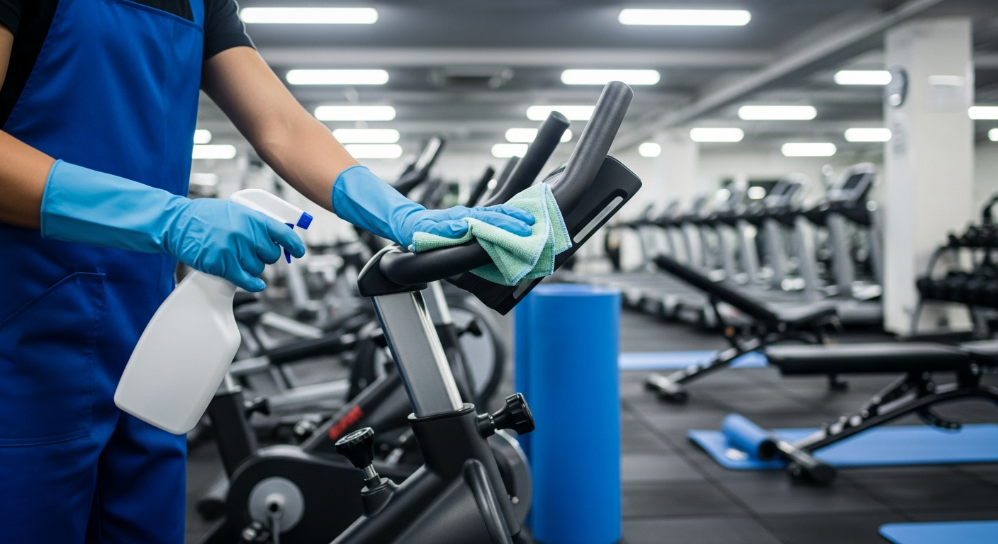 Cleaning staff disinfecting exercise equipment in an empty fitness center