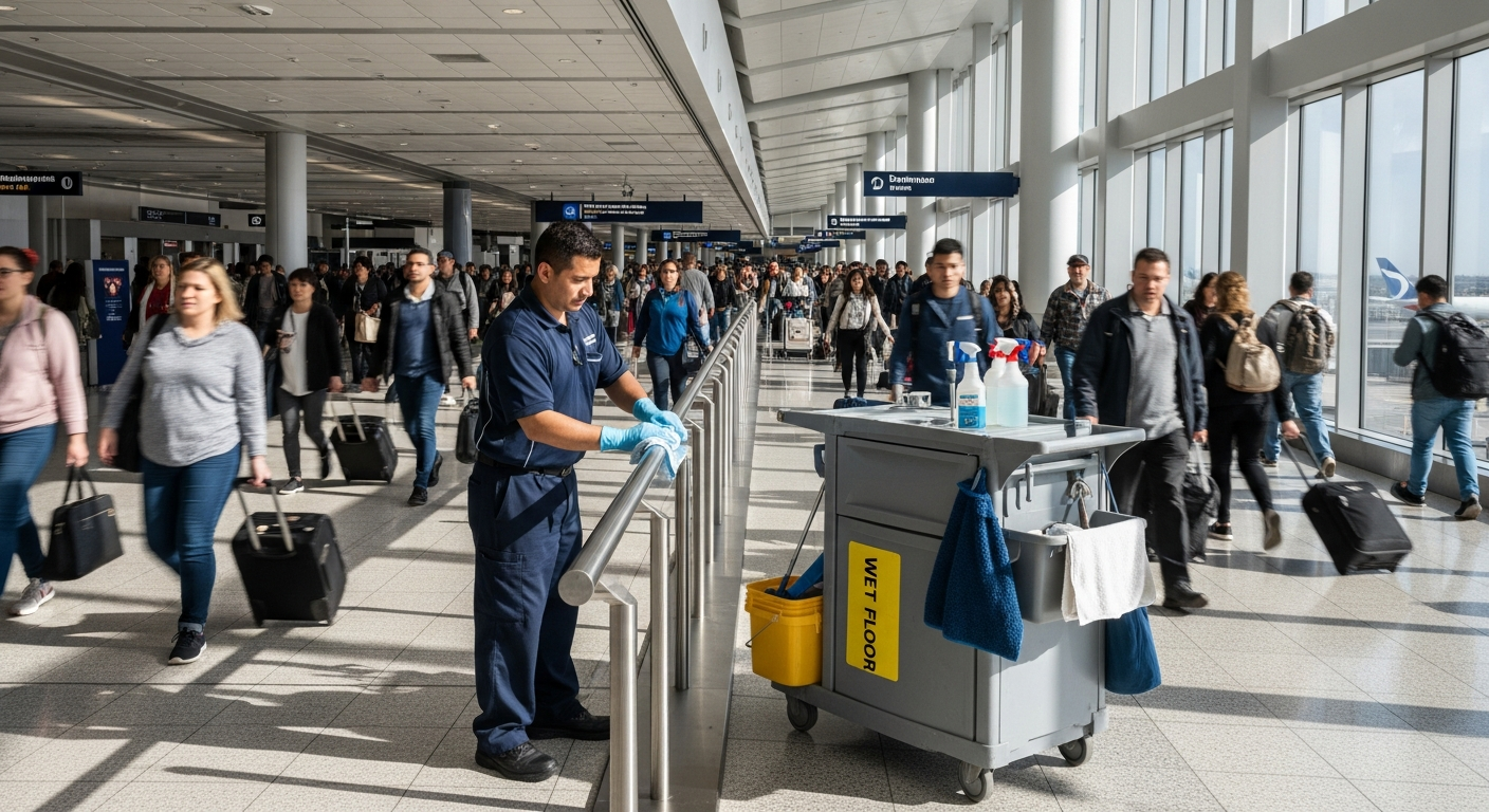 Cleaner wiping down a handrail in a busy transit terminal concourse