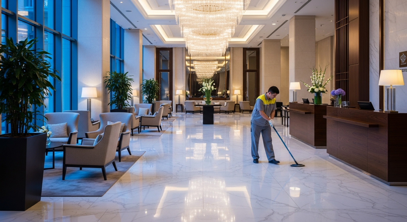 Hotel lobby being cleaned and polished in early morning light