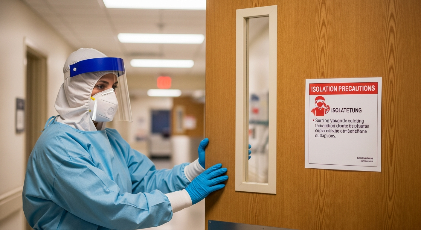 Cleaning technician in full PPE gown, gloves, mask and face shield entering a hospital isolation room