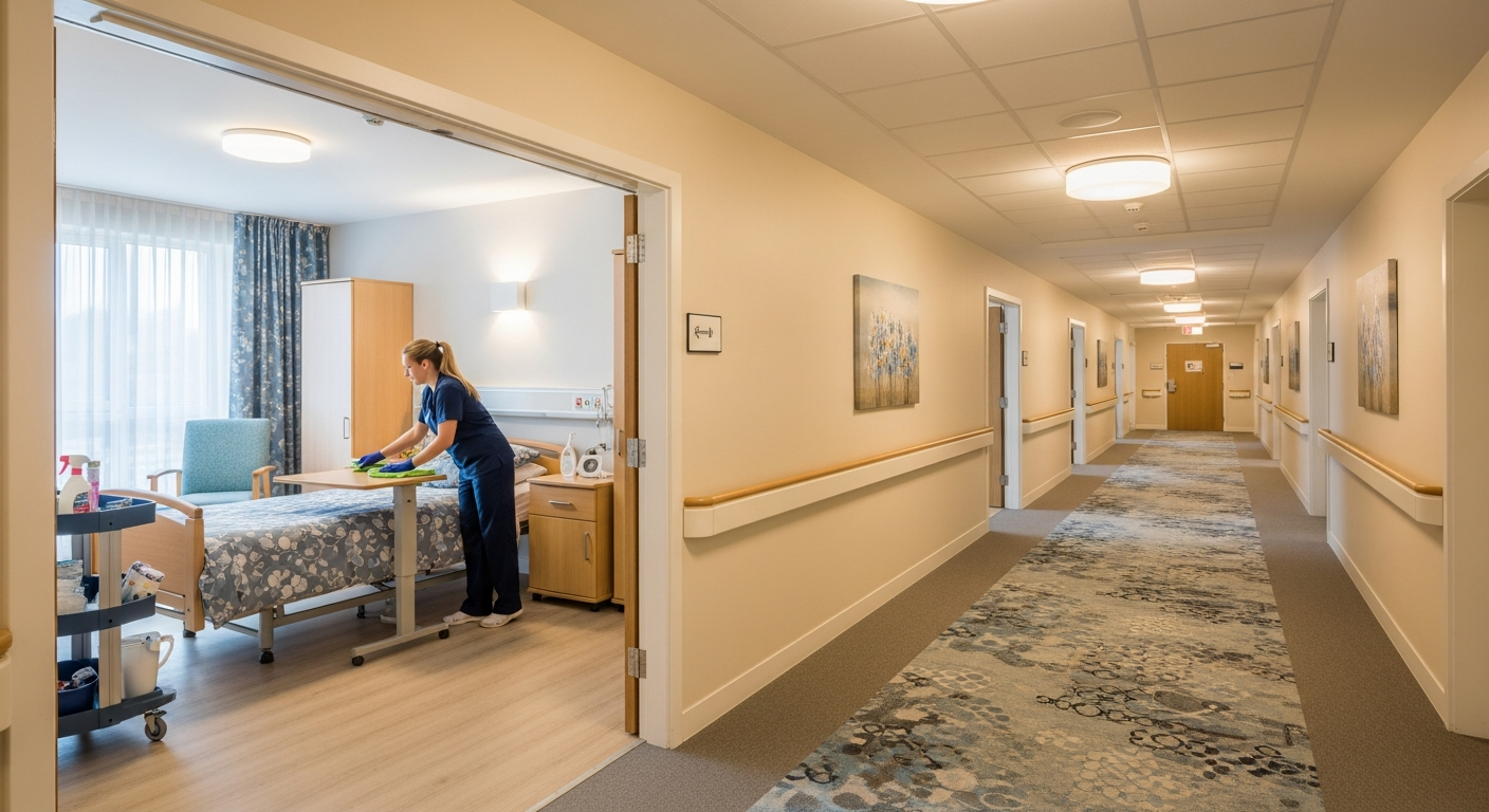 Long-term care facility hallway and resident room being cleaned with soft, homelike lighting