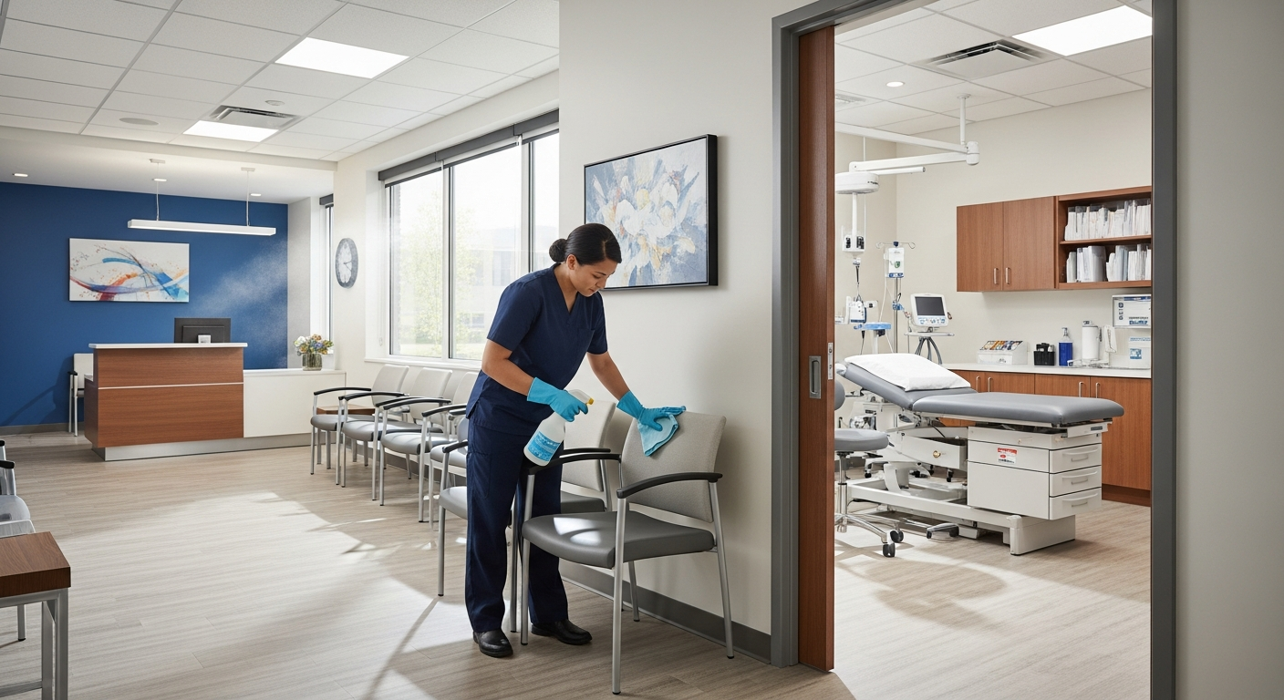 Professional cleaner wiping down a chair in a modern medical office exam room
