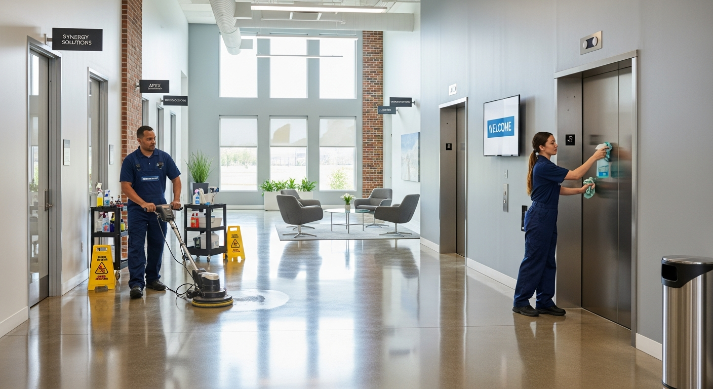 Cleaning staff maintaining a multi-tenant office building elevator lobby