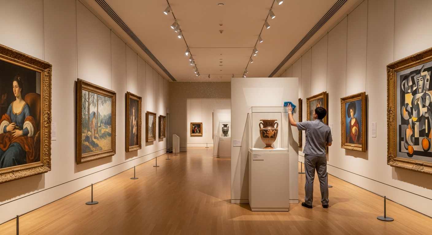 Cleaner dusting a display case pedestal in a museum gallery hallway
