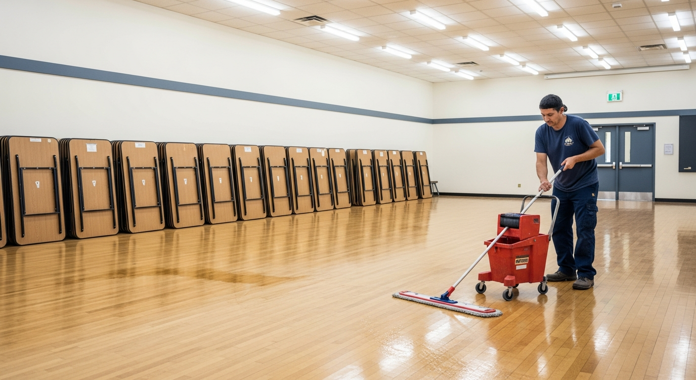 Community center gymnasium floor being mopped with folded tables along the wall