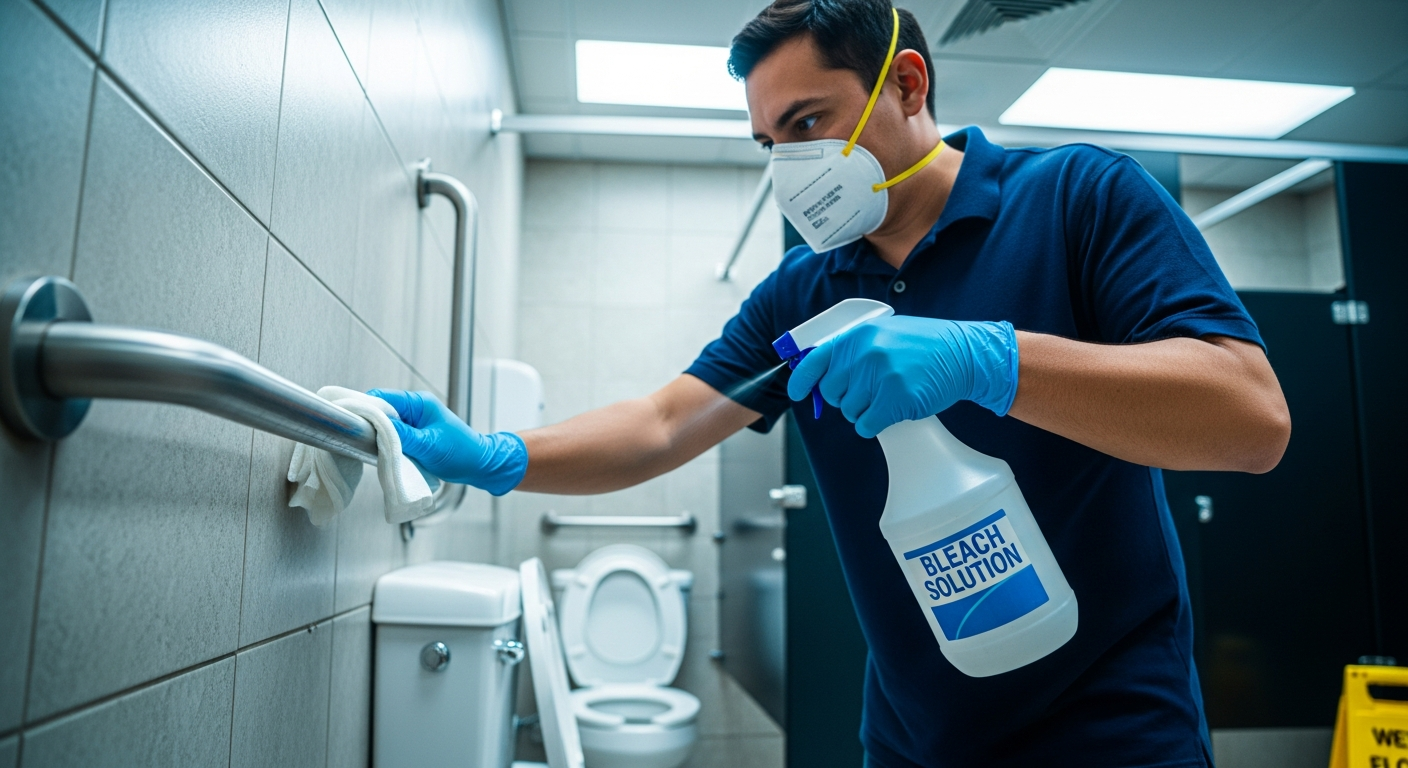 Cleaning technician disinfecting a surface as part of a norovirus outbreak response, wearing gloves and mask